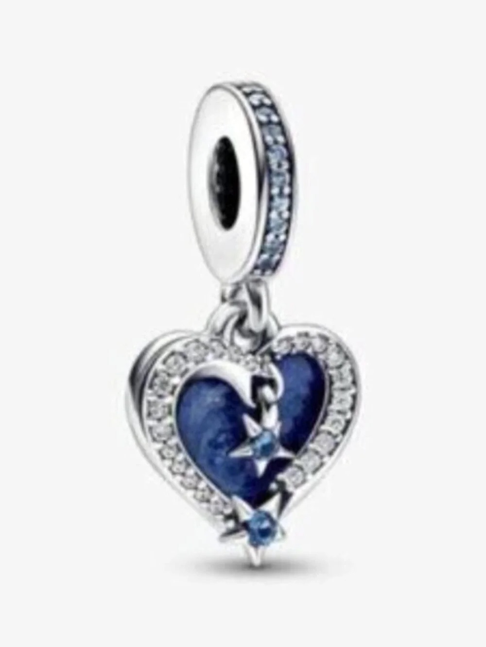 Pandora Silver Heart Drop Charm with Blue Enamel and Clear Crystals